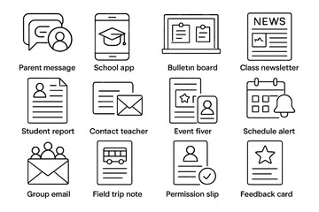 Set of school communication icons including parent messages and schedule alerts