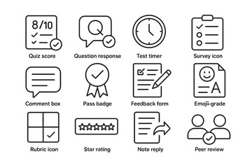 Quiz and evaluation icons: score, feedback, timer, survey, and peer review symbols