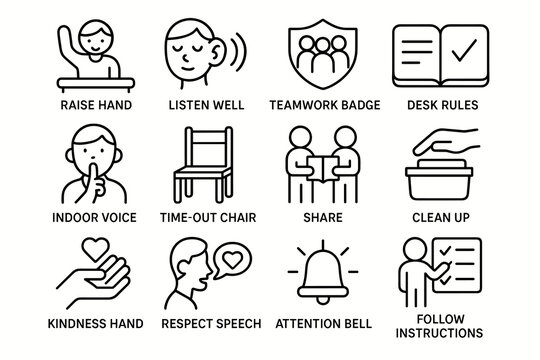 Classroom etiquette icons: raise hand, listen, teamwork, rules, voice, sharing, respect