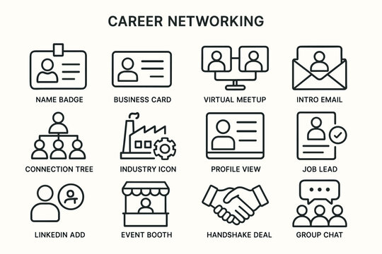 Career networking icons: name badge, business card, virtual meetup, intro email, connection tree, industry icon, profile view, job lead
