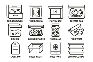 Kitchen storage icons: fridge drawer, vacuum seal, pantry box, freezer bag, mason jar