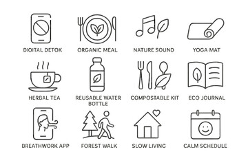 Icons depicting digital detox and wellness activities for a balanced lifestyle