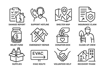 Emergency management icons: support, shelter, insurance, relief, recovery