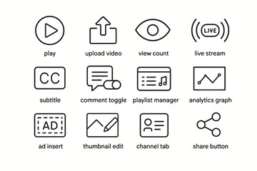 Media interface icons: play, upload, view, stream, share, edit, toggle, count, graph, manager