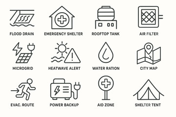 Emergency preparedness icons featuring shelter, water, and safety symbols