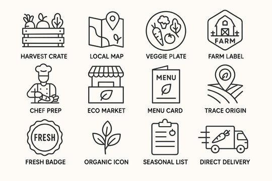 Eco-friendly food supply icons: organic market, farm to table, fresh produce