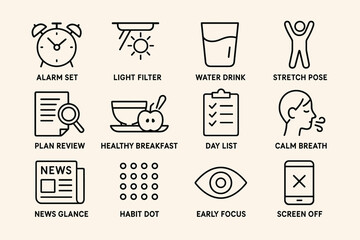 Daily routine icons: alarm, hydration, exercise, and mindfulness activities