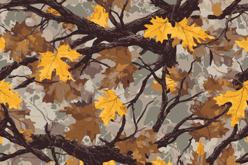 Seamless pattern of camouflage with an oak tree design, Real Tree Camouflage pattern for military and outdoor activities