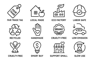 Sustainable product icons: fair trade, eco-friendly, handmade, organic, recycled