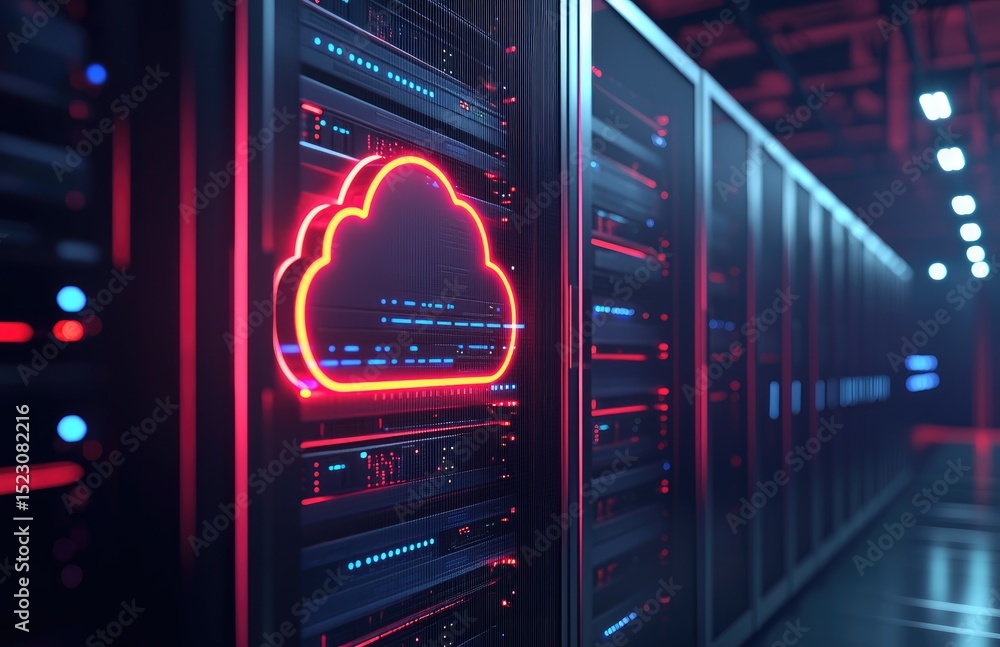 Aufkleber Red neon cloud icon on a digital server in a futuristic data center, symbolizing cloud computing, ideal for IT infrastructure, cybersecurity campaigns, and modern data technology visual content