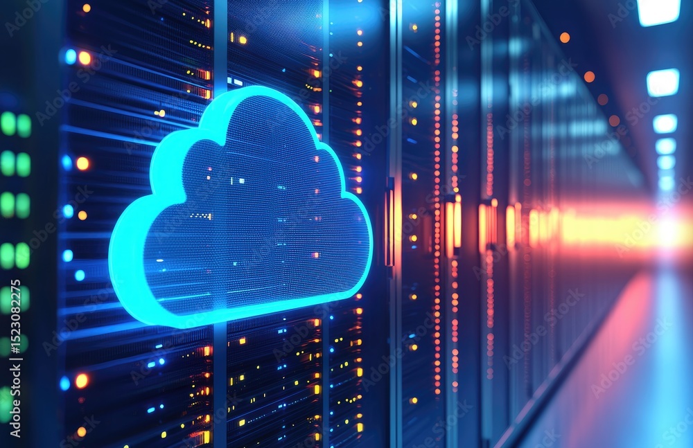 Poster Blue glowing cloud symbol in modern server room with vibrant lights representing cloud computing technology, ideal for IT infrastructure, cybersecurity visuals, and digital network solutions