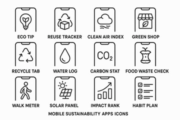 Sustainability mobile apps icons for eco-friendly living and environmental awareness