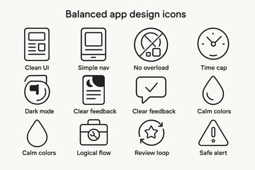 Balanced app design icons: ui, navigation, feedback, colors, alerts for user experience