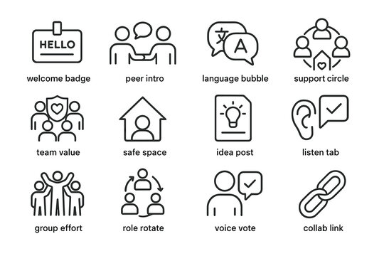 Icons representing communication, teamwork, language, and community concepts