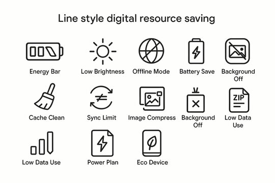Line style icons for digital resource efficiency and energy saving options