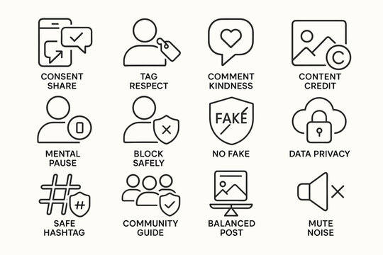 Social media etiquette icons: consent, respect, and privacy in digital interactions