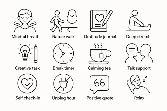 Icons of self-care practices for mental well-being and relaxation