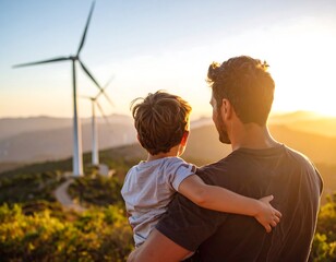 Father and son viewing wind turbines