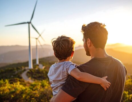 Father and son viewing wind turbines