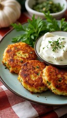 Delicious potato pancakes served with sour cream and green herbs on a rustic plate