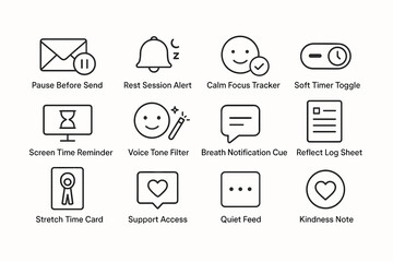 Icons for productivity and well-being: pause, rest, focus, screen, voice, breath, reflect