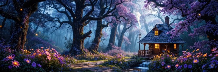 Magical forest, a house in the forest, a mystical landscape, fantasy landscape