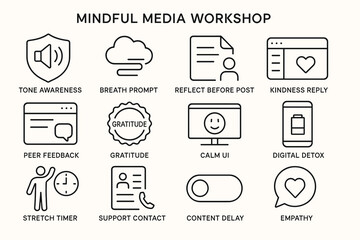 Mindful media workshop concepts: tone awareness, breath prompt, digital detox, empathy techniques