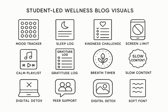 Student-led wellness blog visuals: mood tracker, sleep log, digital detox, peer support, gratitude log