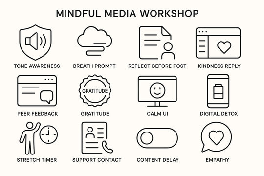 Mindful media workshop concepts: tone awareness, breath prompt, digital detox, empathy techniques