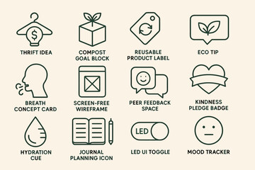 Naklejka premium Eco-friendly icons set for sustainable living and digital wellness