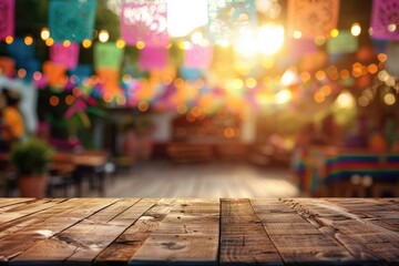 Premium Quality Picture of Empty Wooden Table at Cinco De Mayo Festival Sunset