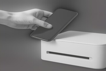 Hand placing mobile phone on a modern minimalist tech gadget for seamless interaction
