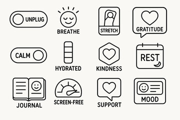 Self-care icons highlighting relaxation, gratitude, and support