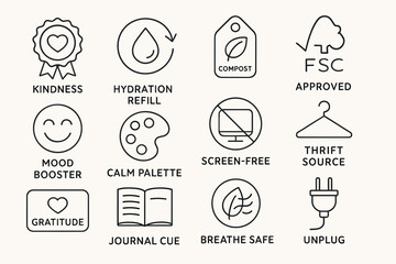 Eco-friendly icons set: kindness, fsc approved, hydration, compost, thrift, calm