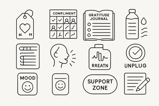 Mental wellness icons for gratitude, mood, and self-care enthusiasts