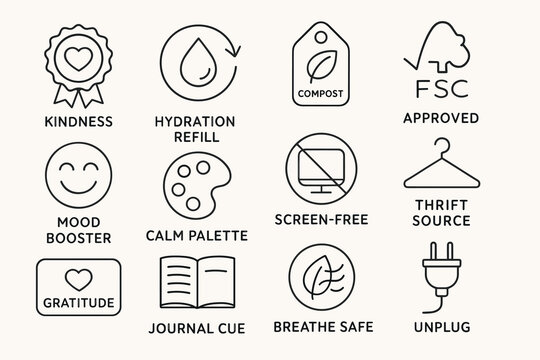Eco-friendly icons set: kindness, fsc approved, hydration, compost, thrift, calm
