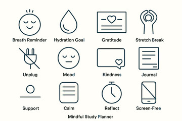 Mindful study planner icons: breath, hydration, gratitude, stretch, unplug, mood, kindness, journal, support, calm, reflect, screen-free