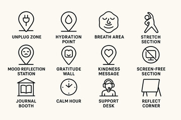 Wellness icons featuring unplug, hydration, breath, stretch, mood, gratitude, kindness, screen-free, journal, calm, support, reflect
