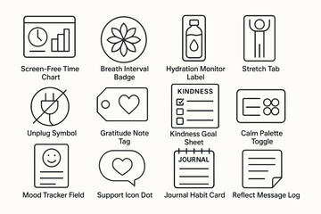 Icons for wellness apps: gratitude, hydration, kindness, mood, and goals