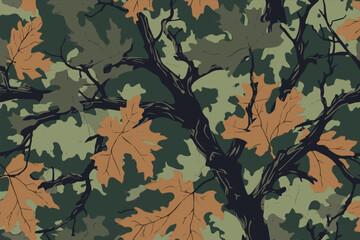 Hunting camouflage modern pattern, vector military print. real tree forest camouflage seamless pattern. Forest leaves vector camouflage background