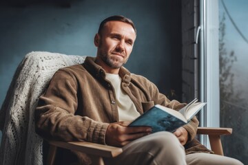 Portrait of happy man sitting in armchair reading book at home, window in background. Middle aged man dressed in casual clothes and sweater enjoying leisure time looking at street through glass.