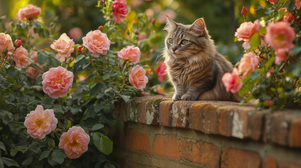A British cat perched on a garden wall surrounded by blooming English roses, countryside setting