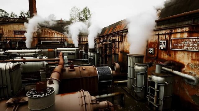 Old industrial factory complex with rusty metal pipes and smokestacks releasing steam symbolizing pollution and urban decay