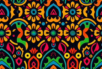 Colorful seamless retro pattern with psychedelic floral and geometric motifs on a dark background. Bright orange, pink, green, and blue elements create a vibrant, bold, and decorative look