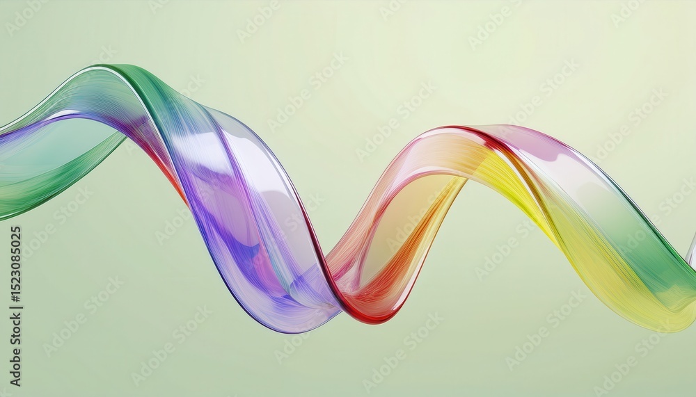 Poster  fluid glass wave ribbon in rainbow spectrum colors on soft green background, abstract 3d shape for web design, branding, digital art, or minimalist print media concept