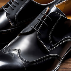 Close-Up of Black Leather Shoe Stitching Detail  