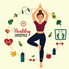 Healthy Lifestyle Vector Illustration with Organic Vegetables or Fruit, Sport and Workout in Flat Cartoon Hand Drawn Background Design Templates stock illustration