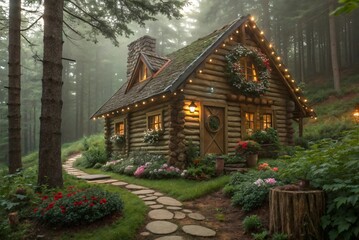 Fototapeta premium Enchanted log cabin in misty forest with stone path