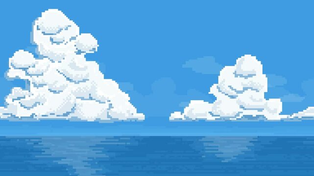 Pixel art of the sea with cumulonimbus clouds (endless)