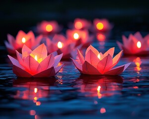 Pink paper lotus lanterns float on water at night